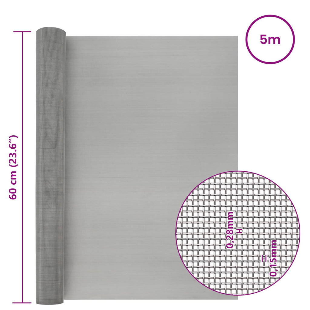 vidaXL Siatka ekranowa 60 x 500 cm 60 Mesh Stal nierdzewna 201 srebrny