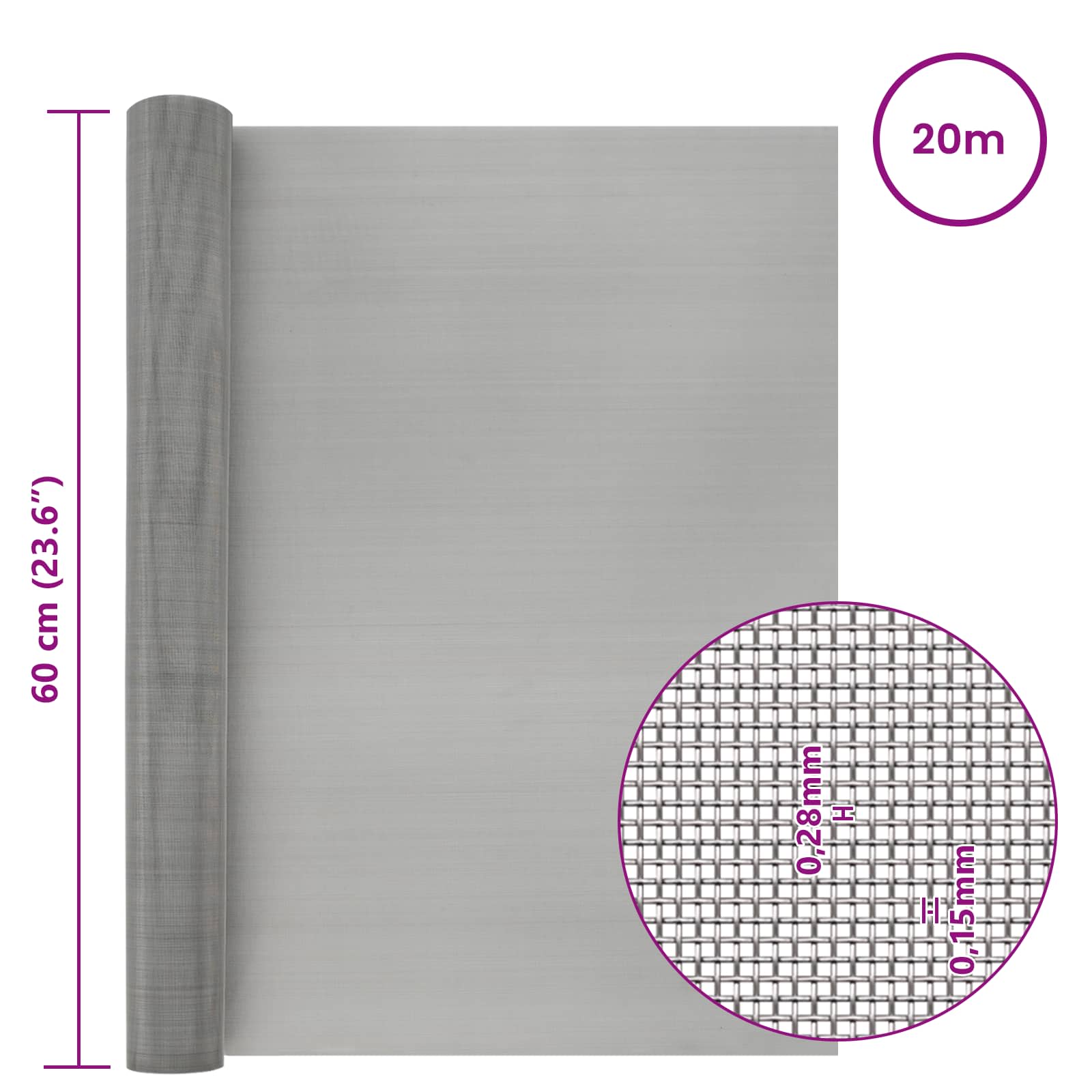 vidaXL Siatka ekranowa 60 x 2000 cm 60 Mesh Stal nierdzewna 201
