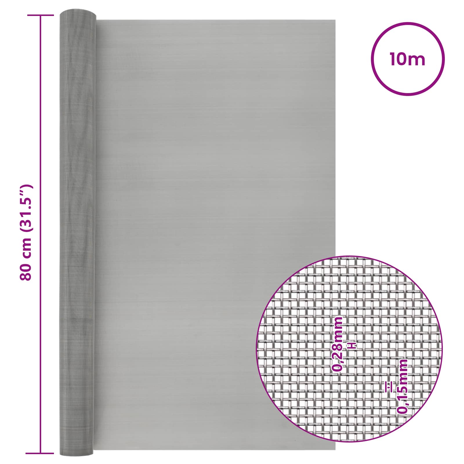 vidaXL Siatka ekranowa 80 x 1000 cm 60 Mesh Stal nierdzewna 201