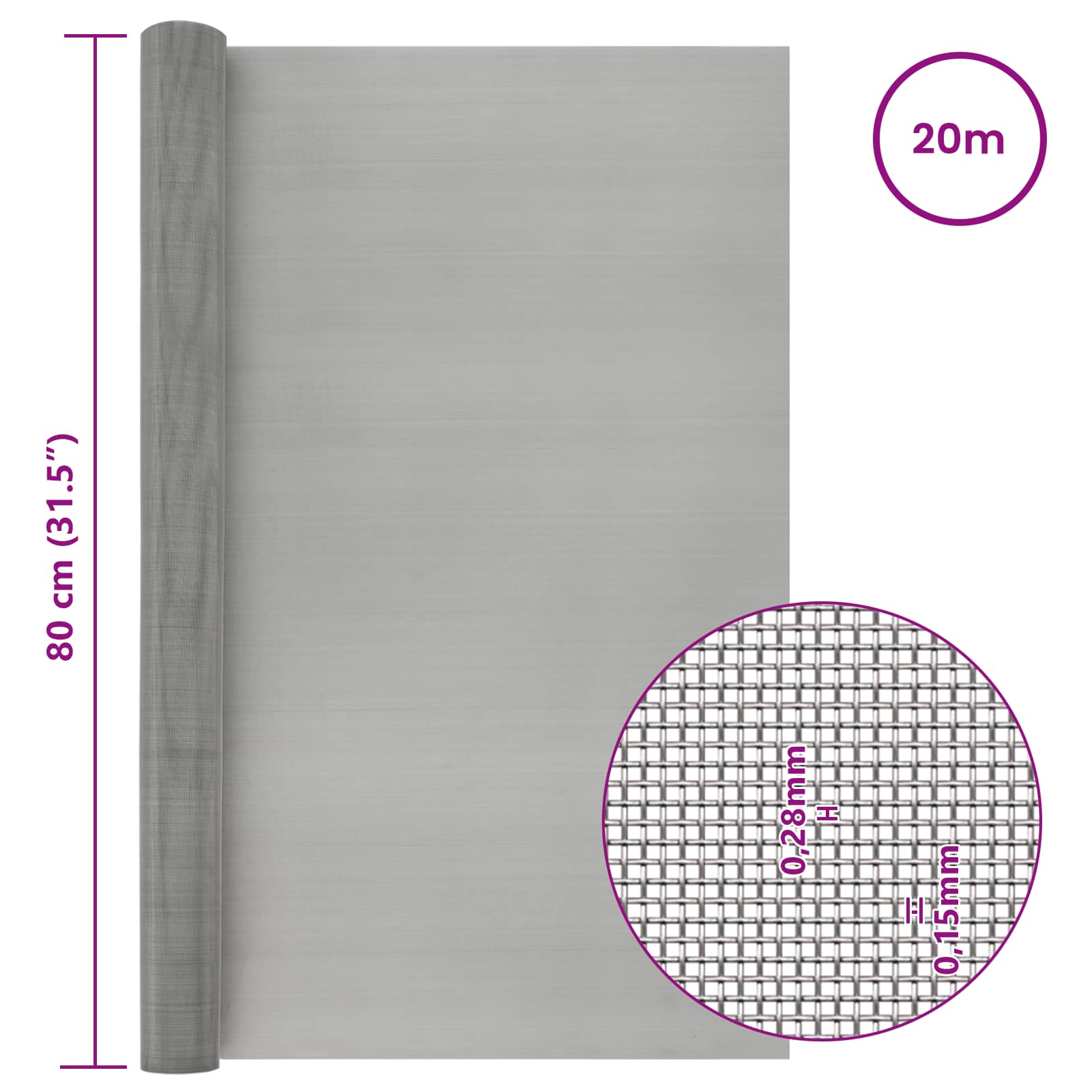 vidaXL Siatka ekranowa 80 x 2000 cm 60 Mesh Stal nierdzewna 201