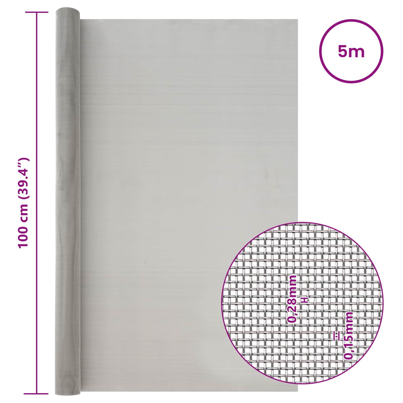 vidaXL Siatka ekranowa 100 x 500 cm 60 Mesh Stal nierdzewna 201