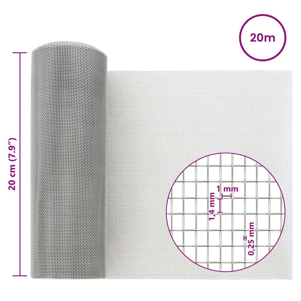 vidaXL Siatka ekranowa 20 x 2000 cm 18 mesh Stal nierdzewna 304