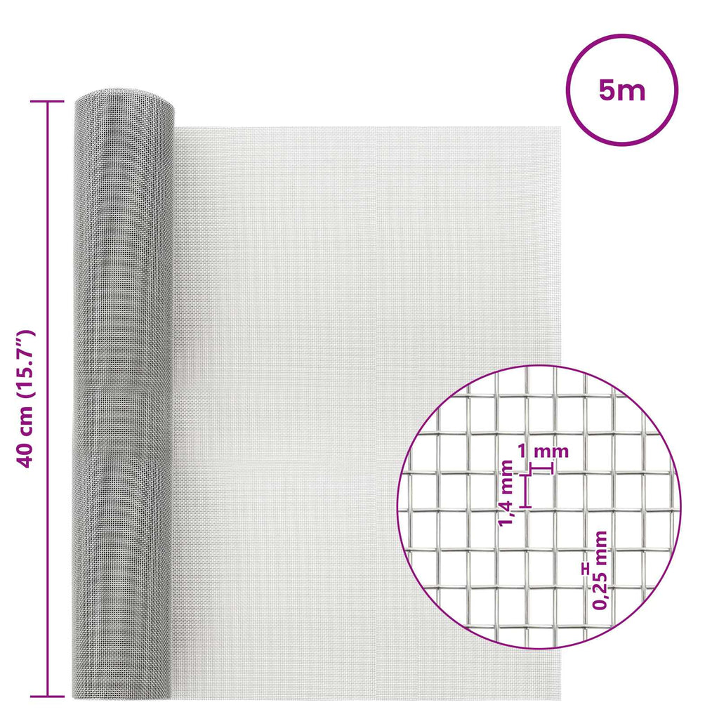 vidaXL Siatka ekranowa 40 x 500 cm 18 mesh Stal nierdzewna 304 srebrny