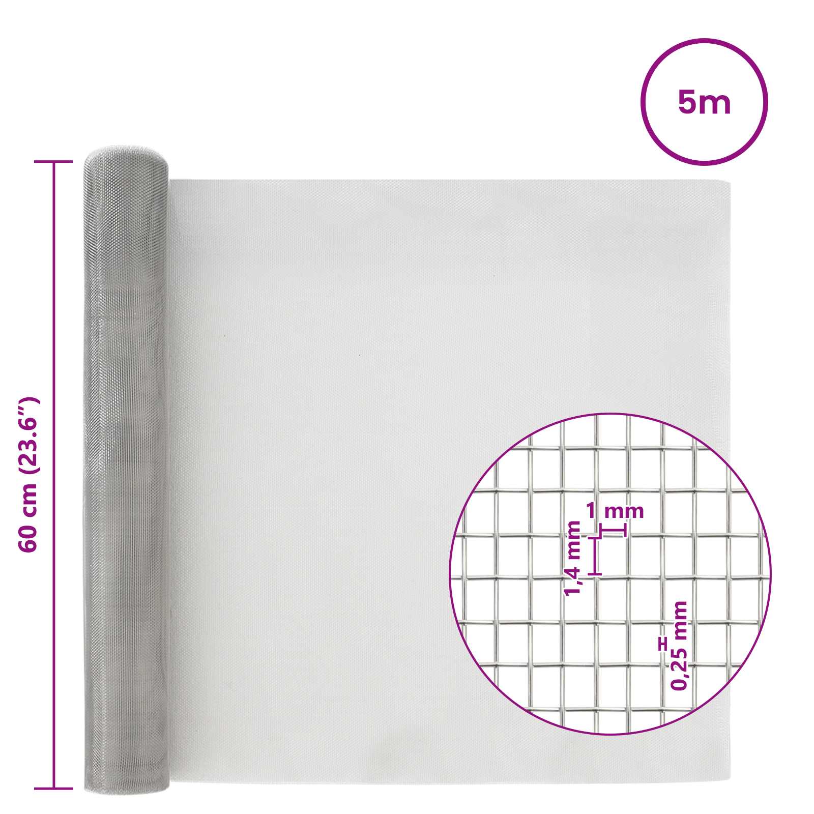 vidaXL Siatka ekranowa 60 x 500 cm 18 mesh Stal nierdzewna 304 srebrny