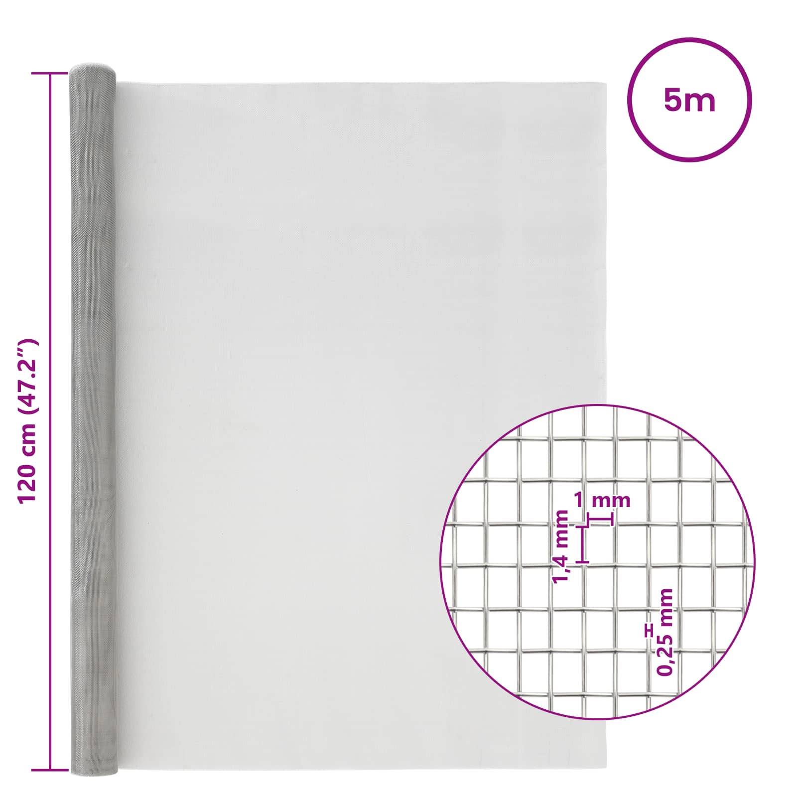 vidaXL Siatka ekranowa 120 x 500 cm 18 mesh Stal nierdzewna 304