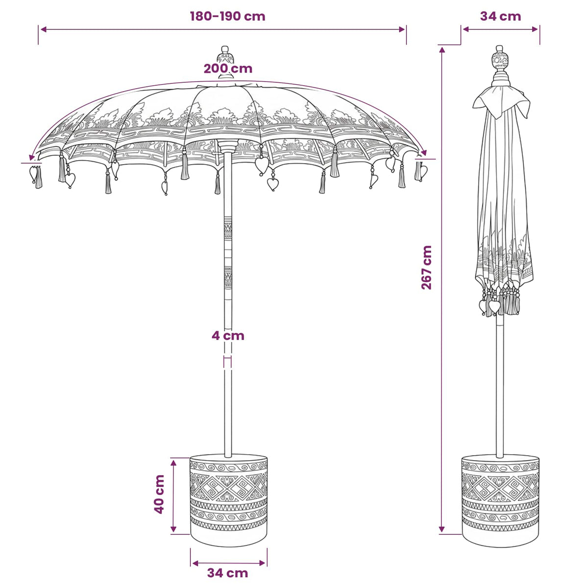 vidaXL Baliński Parasol z Bazą Czerwony i brązowy 190 x 190 x 295 cm