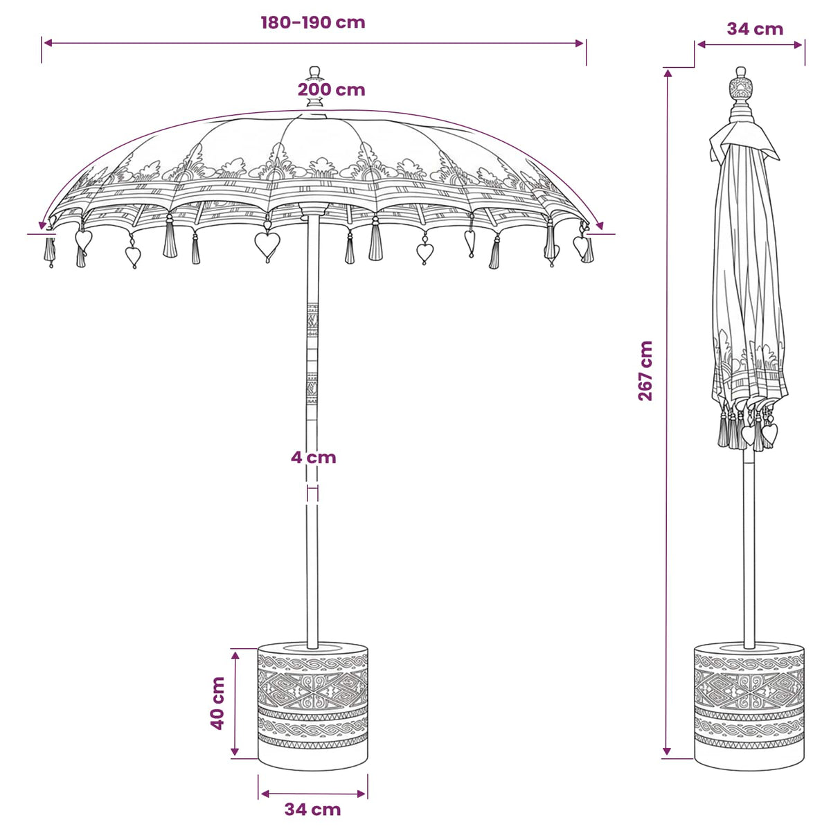 vidaXL Baliński Parasol z Bazą 260 Żółty i brązowy 190 x 190 x 295 cm