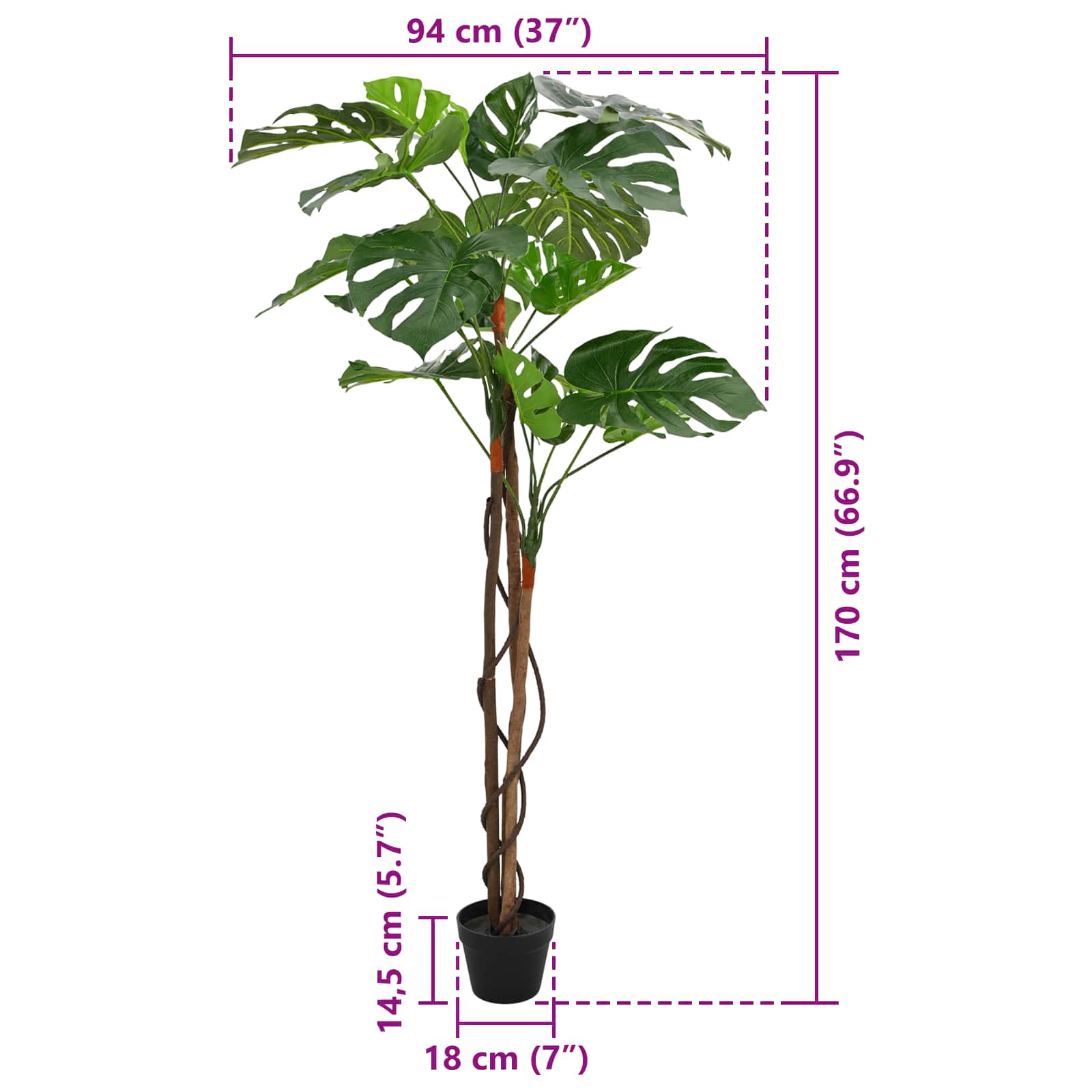 vidaXL Sztuczna Roślina Monstera zielony 94 x 18 x 170 cm