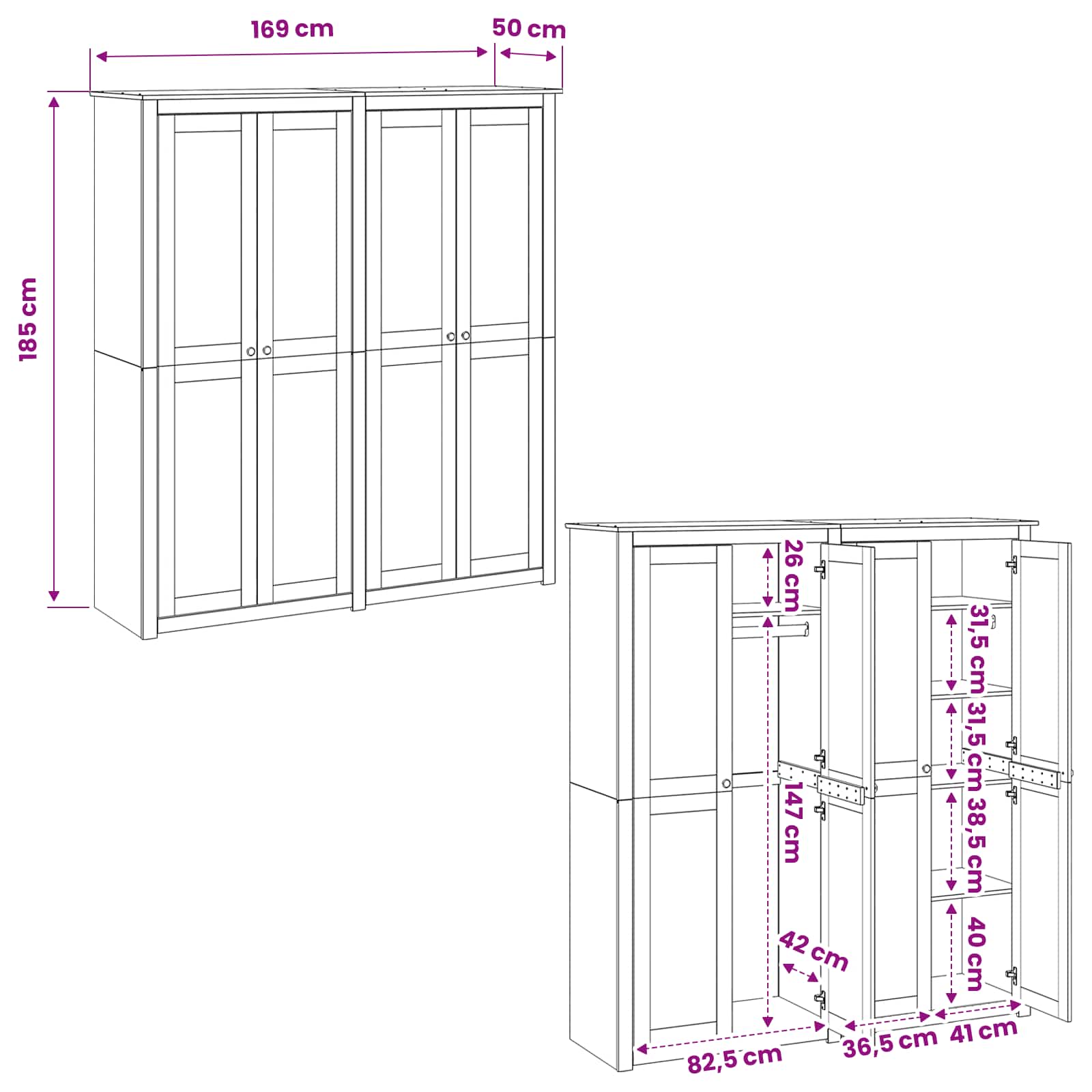 vidaXL Garderoba PANAMA Miód 169 x 50 x 185 cm Lite drewno sosnowe