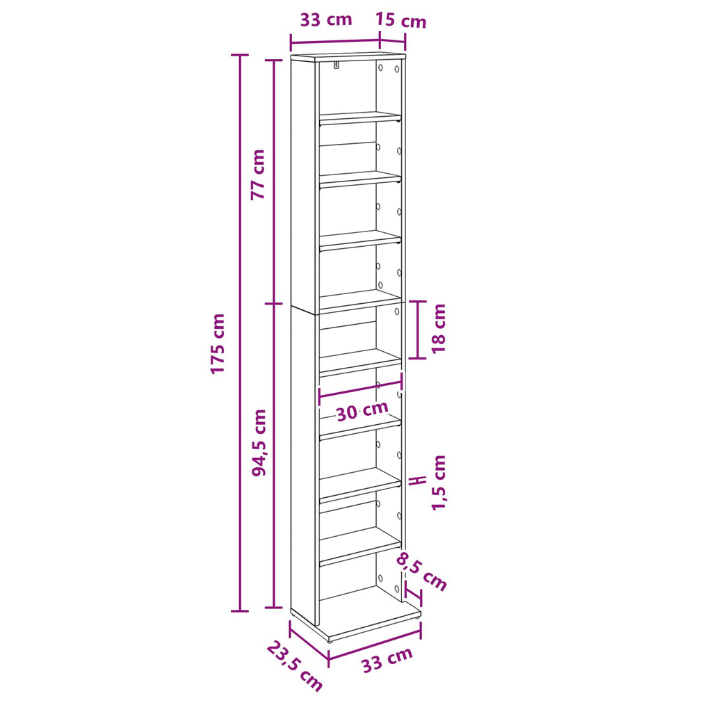 vidaXL Kabinet na płyty CD Dąb wędzony 33 x 23,5 x 175 cm