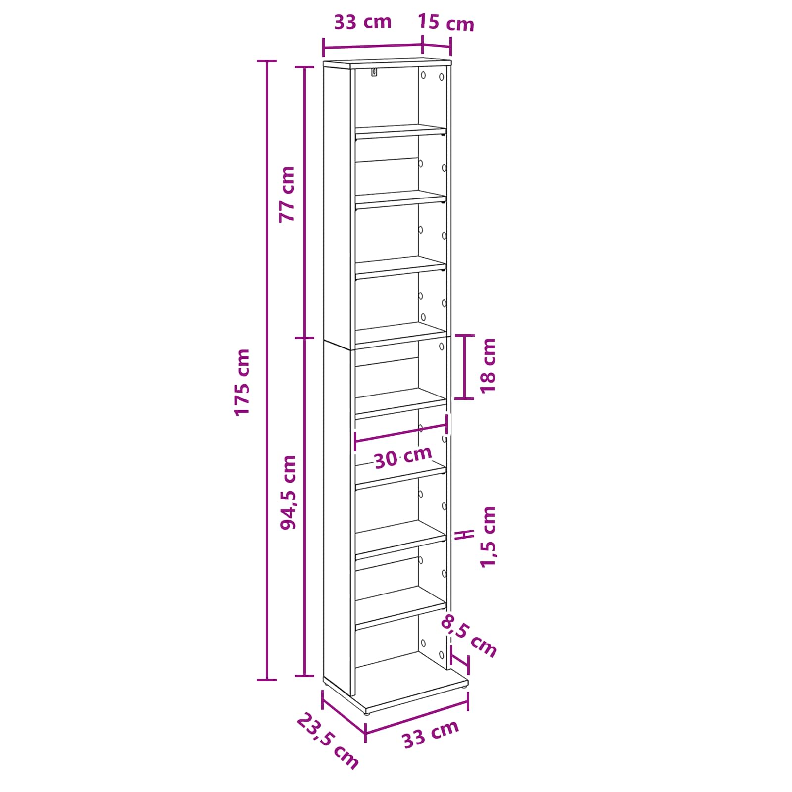 vidaXL Kabinet na płyty CD Szary Sonoma 33 x 23,5 x 175 cm