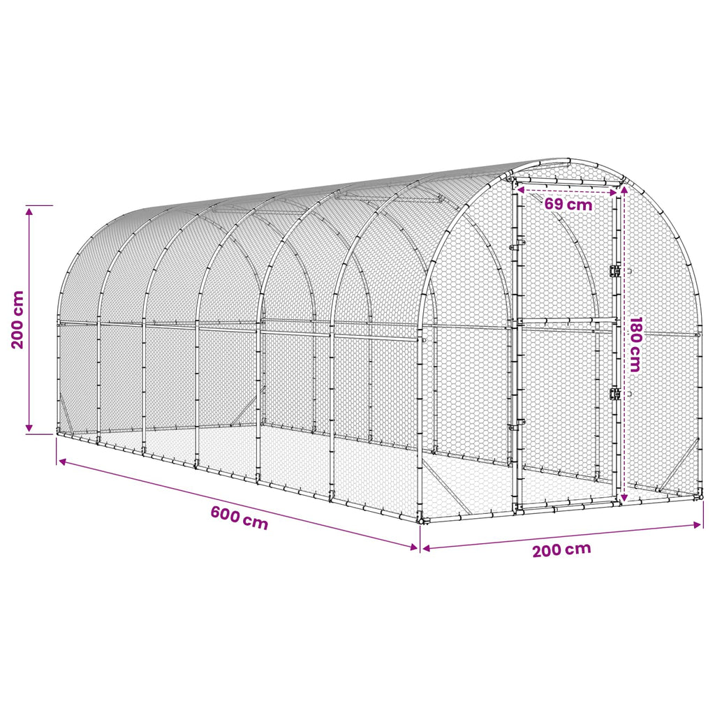 vidaXL Kurnik srebrny 600 x 200 x 200 cm Stal ocynkowana
