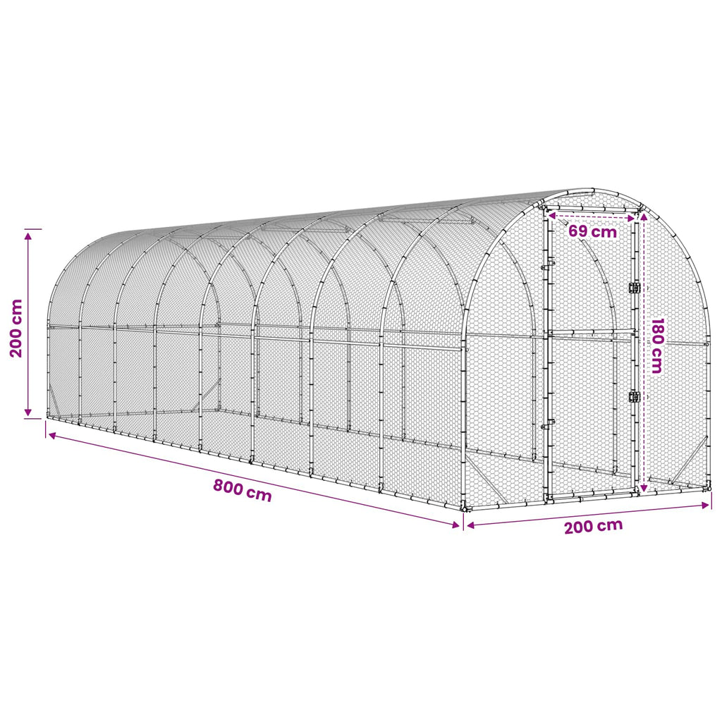 vidaXL Kurnik srebrny 800 x 200 x 200 cm Stal ocynkowana