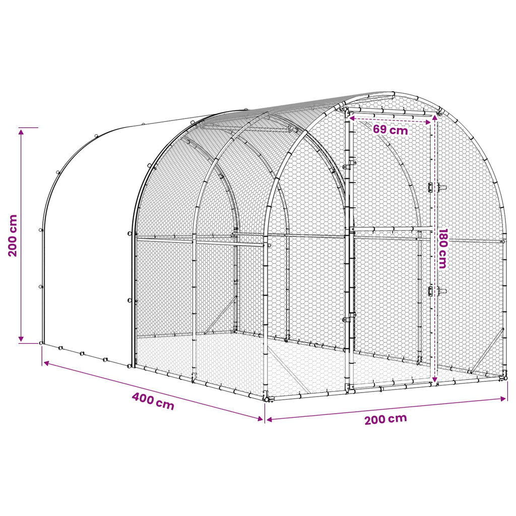 vidaXL Kurnik srebrny 400 x 200 x 200 cm Stal ocynkowana