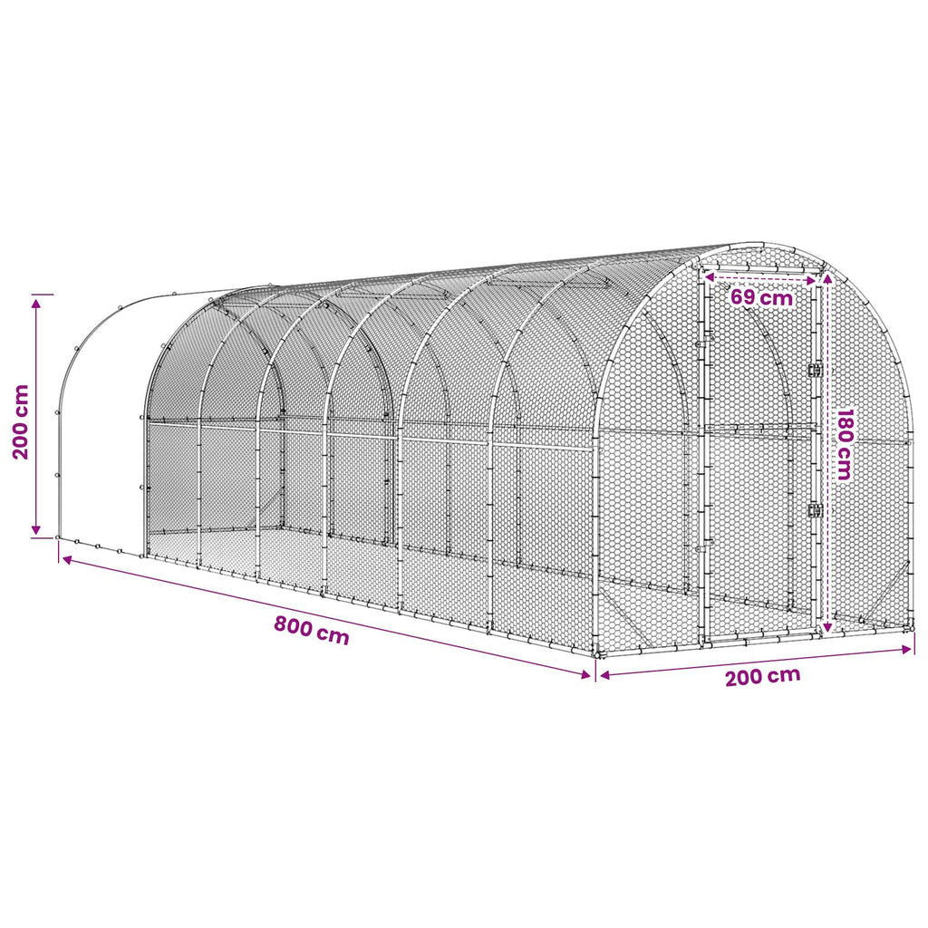 vidaXL Kurnik srebrny 800 x 200 x 200 cm Stal ocynkowana