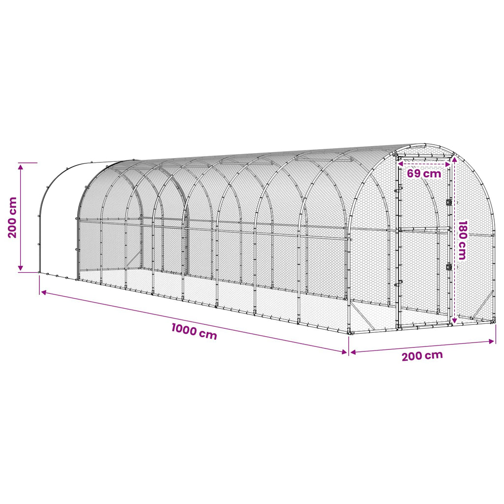 vidaXL Kurnik srebrny 1000 x 200 x 200 cm Stal ocynkowana