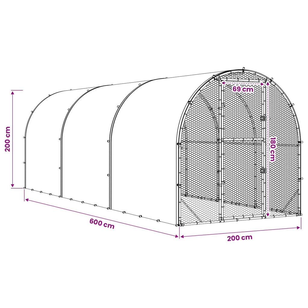 vidaXL Kurnik srebrny 600 x 200 x 200 cm Stal ocynkowana