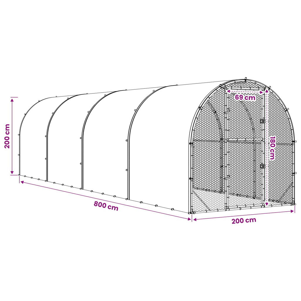 vidaXL Kurnik srebrny 800 x 200 x 200 cm Stal ocynkowana