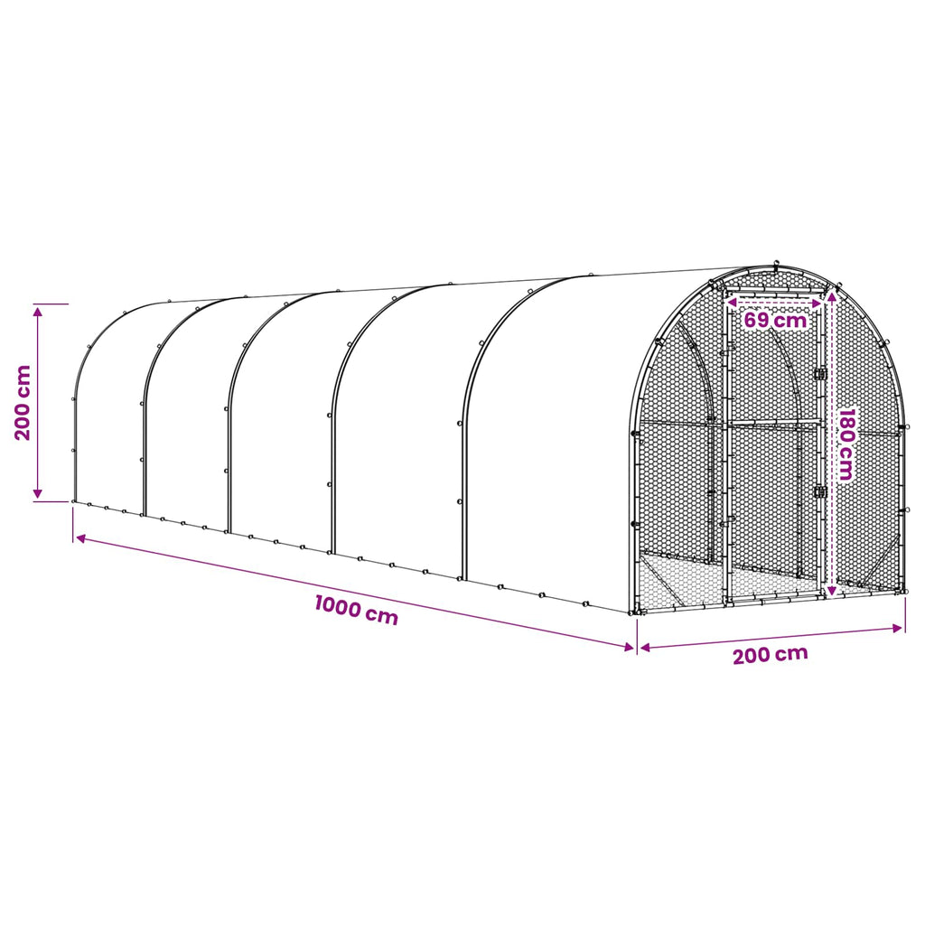 vidaXL Kurnik srebrny 1000 x 200 x 200 cm Stal ocynkowana
