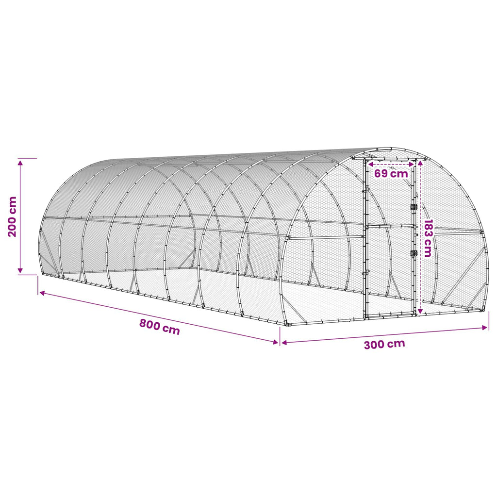 vidaXL Kurnik srebrny 800 x 300 x 200 cm Stal ocynkowana