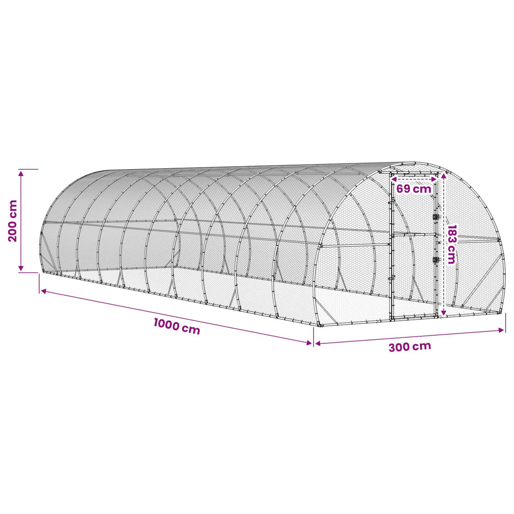 vidaXL Kurnik srebrny 1000 x 300 x 200 cm Stal ocynkowana
