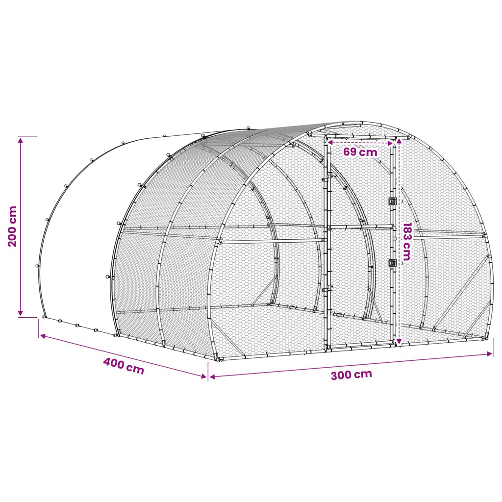 vidaXL Kurnik srebrny 400 x 300 x 200 cm Stal ocynkowana