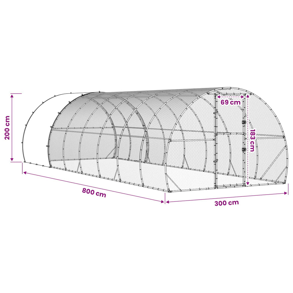 vidaXL Kurnik srebrny 800 x 300 x 200 cm Stal ocynkowana