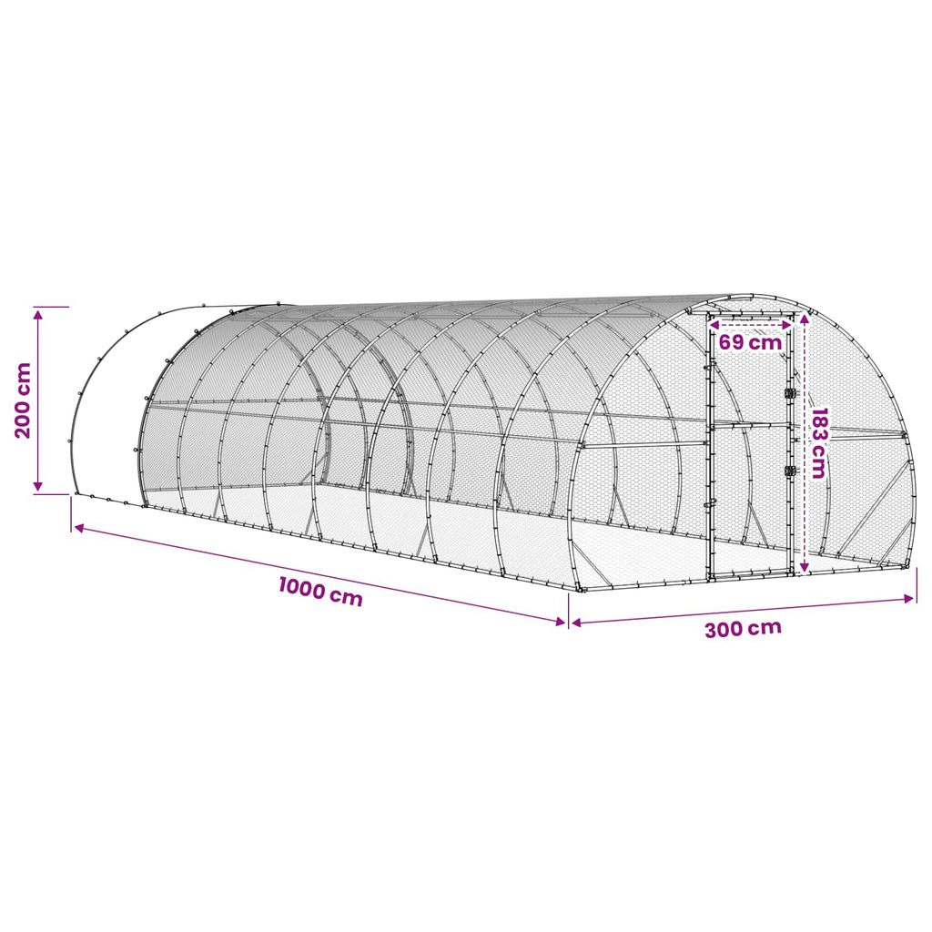 vidaXL Kurnik srebrny 1000 x 300 x 200 cm Stal ocynkowana