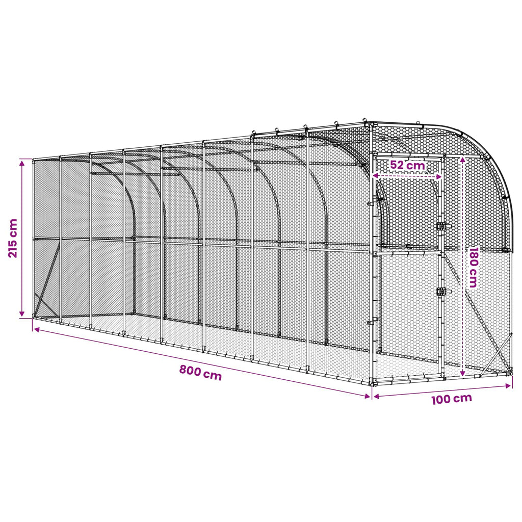vidaXL Kurnik przy ścianie srebrny 800 x 100 x 215 cm Stal ocynkowana