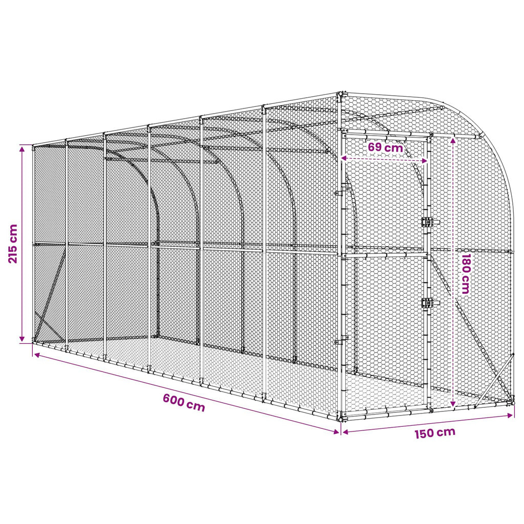 vidaXL Kurnik przy ścianie srebrny 600 x 150 x 215 cm Stal ocynkowana