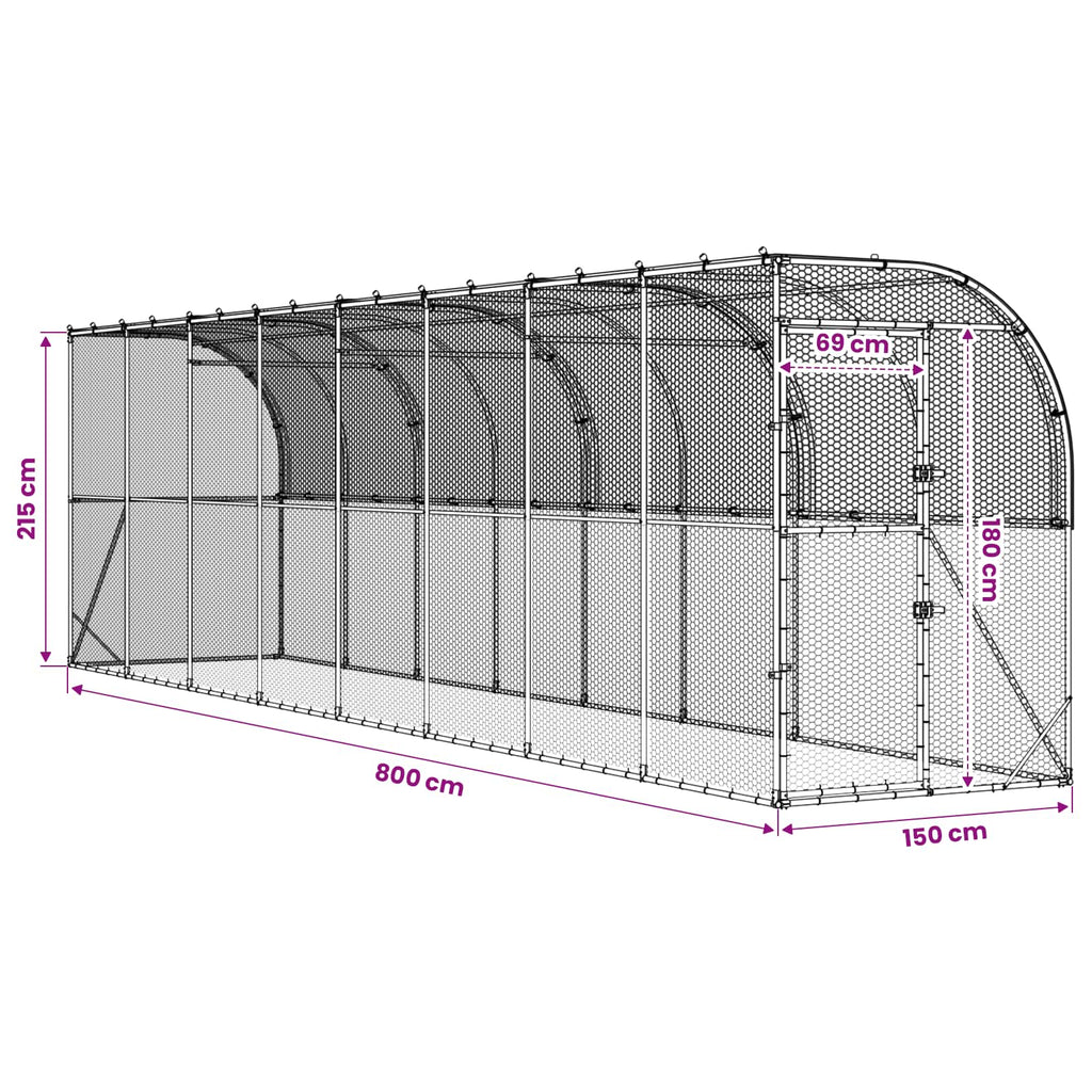 vidaXL Kurnik przy ścianie srebrny 600 x 150 x 215 cm Stal ocynkowana
