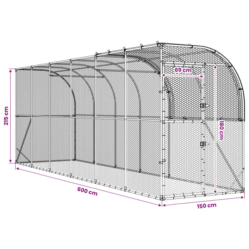 vidaXL Kurnik przy ścianie srebrny 600 x 150 x 215 cm Stal ocynkowana