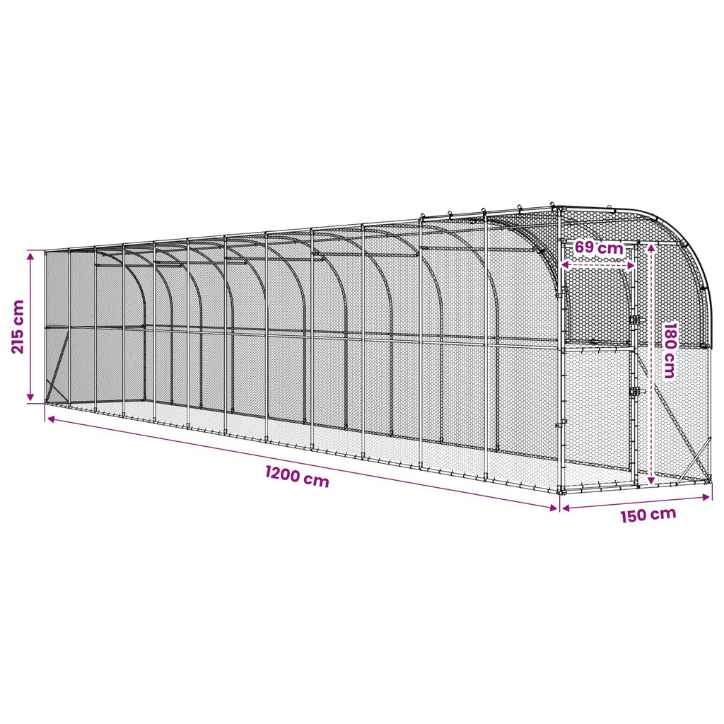 vidaXL Kurnik przy ścianie srebrny 1200 x 150 x 215 cm Stal ocynkowana