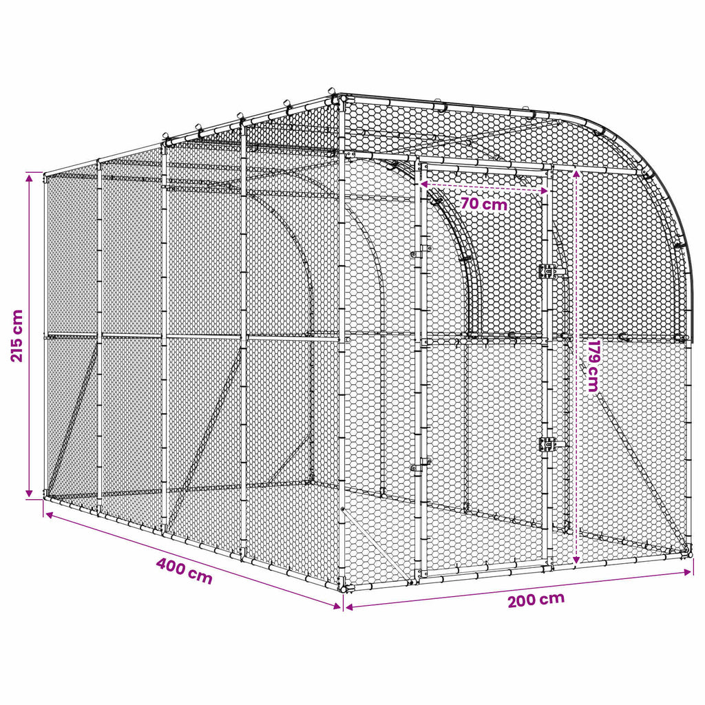vidaXL Kurnik przy ścianie srebrny 400 x 200 x 215 cm Stal ocynkowana