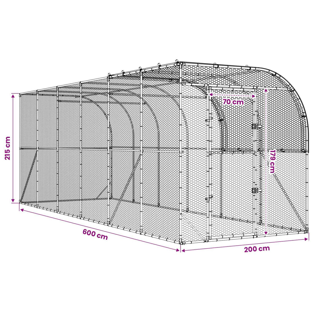 vidaXL Kurnik przy ścianie srebrny 600 x 200 x 215 cm Stal ocynkowana