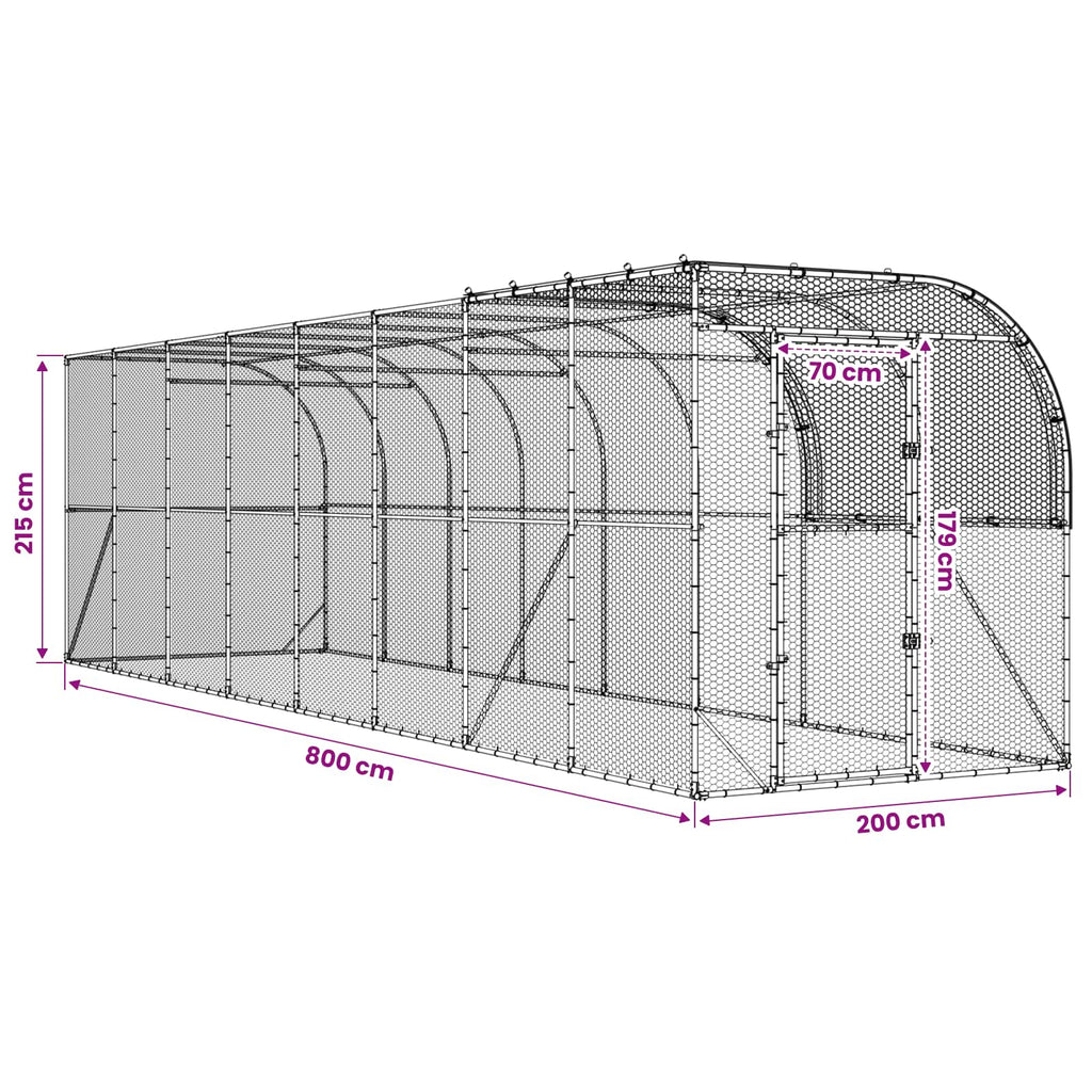 vidaXL Kurnik przy ścianie srebrny 800 x 200 x 215 cm Stal ocynkowana