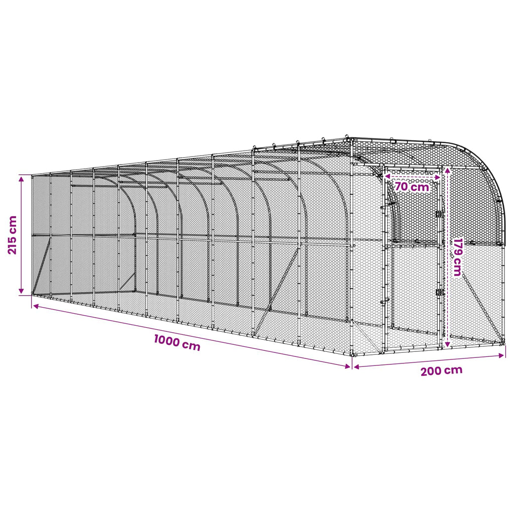 vidaXL Kurnik przy ścianie srebrny 1000 x 200 x 215 cm Stal ocynkowana