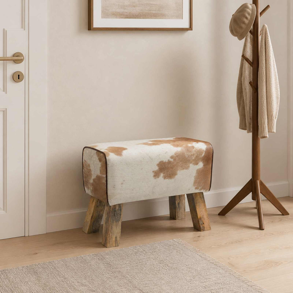 vidaXL ławka 60 x 30 x 45 cm Prawdziwa skóra Brązowy i biały