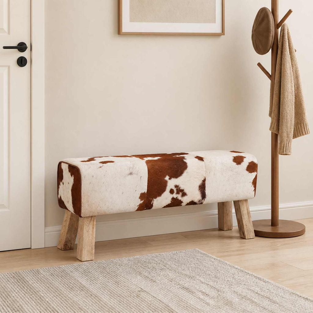 vidaXL ławka 110 x 30 x 45 cm Prawdziwa skóra Brązowy i biały