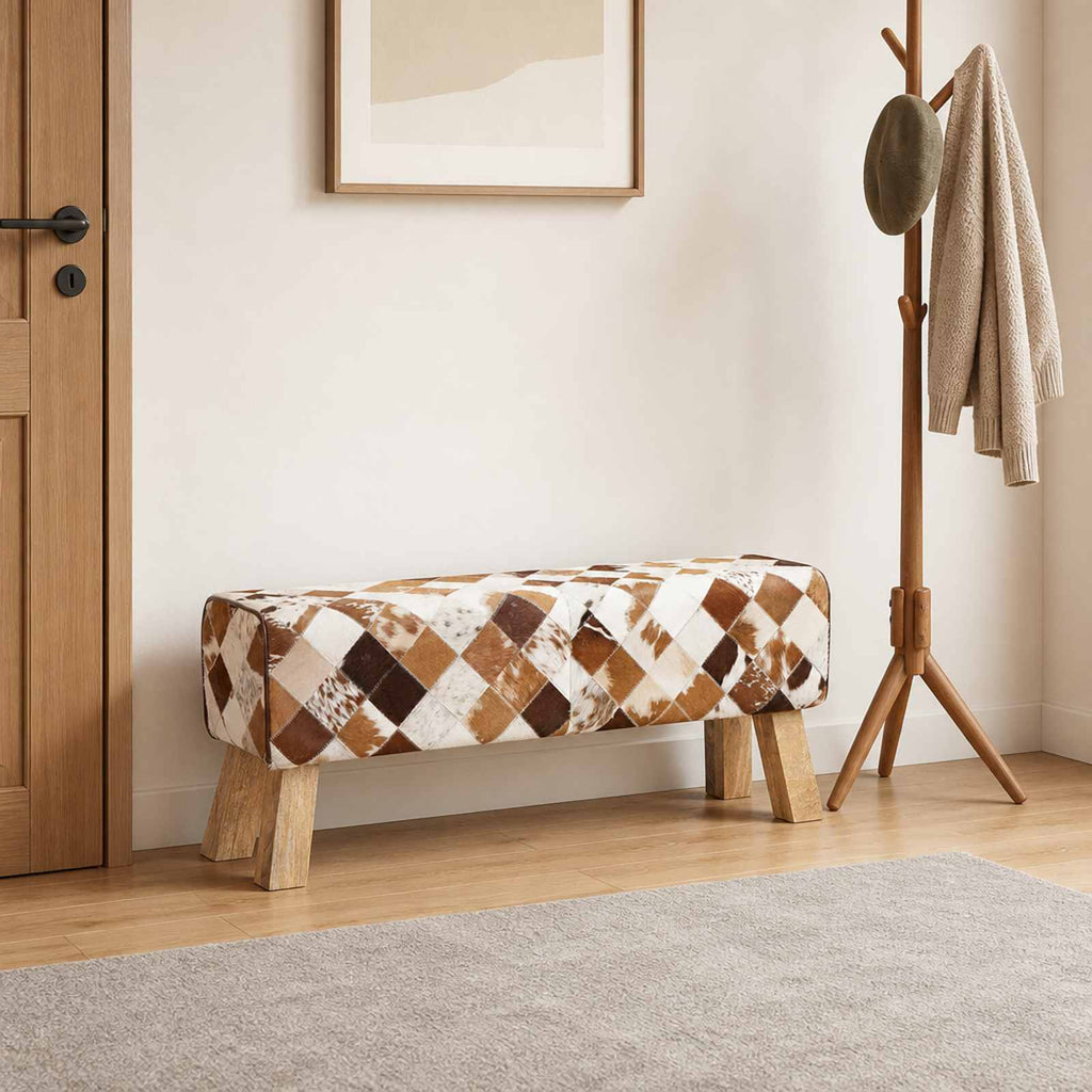 vidaXL ławka 110 x 30 x 45 cm Prawdziwa skóra Brązowy patchwork