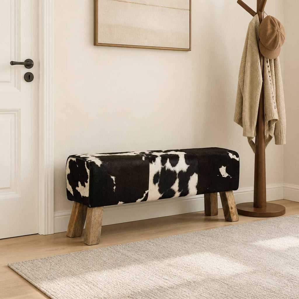 vidaXL ławka 110 x 30 x 45 cm Prawdziwa skóra Czarny i Biały