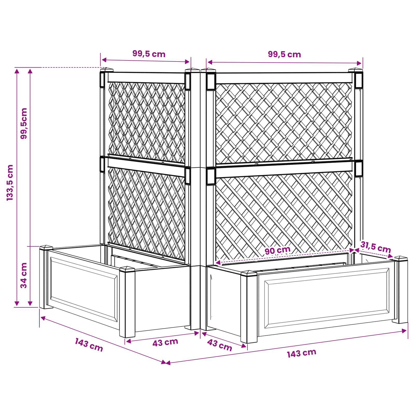 vidaXL Duża doniczka z trelą 2 pcs Biały 143 x 143 x 133,5 cm PP