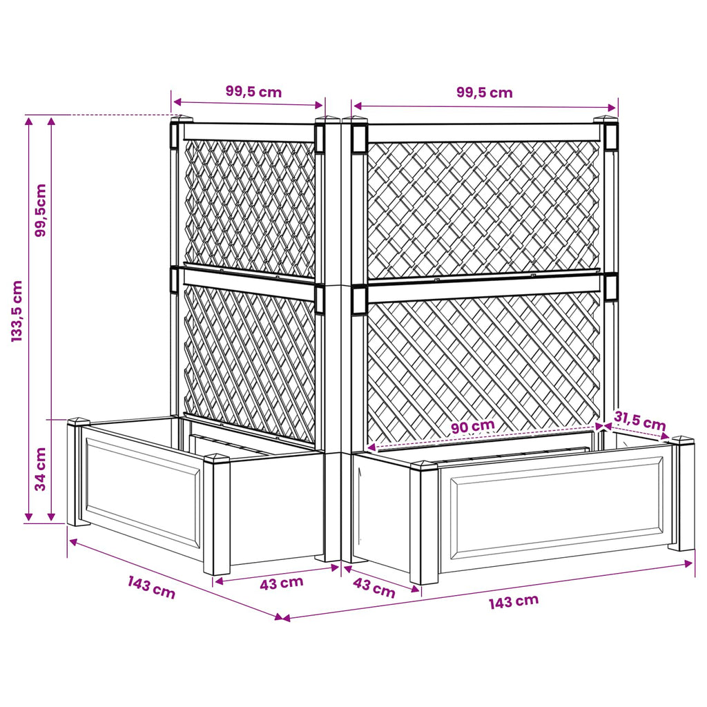vidaXL Duża doniczka z trelą 2 pcs antracytowy 143 x 143 x 133,5 cm PP
