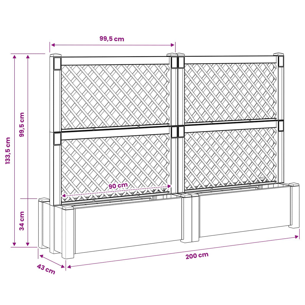 vidaXL Duża donica z trelisem 2 pcs Szary 200 x 43 x 133,5 cm PP