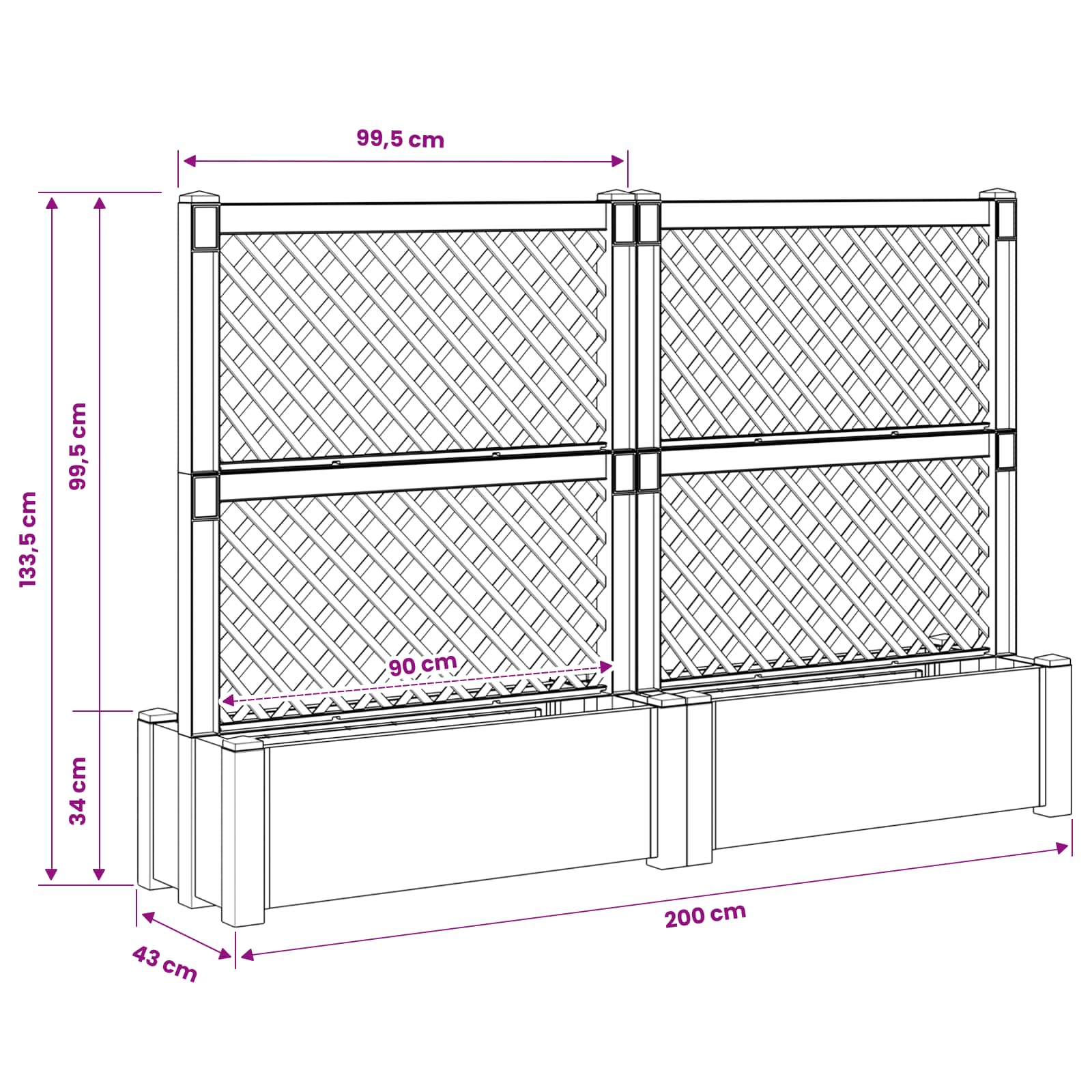 vidaXL Duża donica z trelisem 2 pcs Szary 200 x 43 x 133,5 cm PP