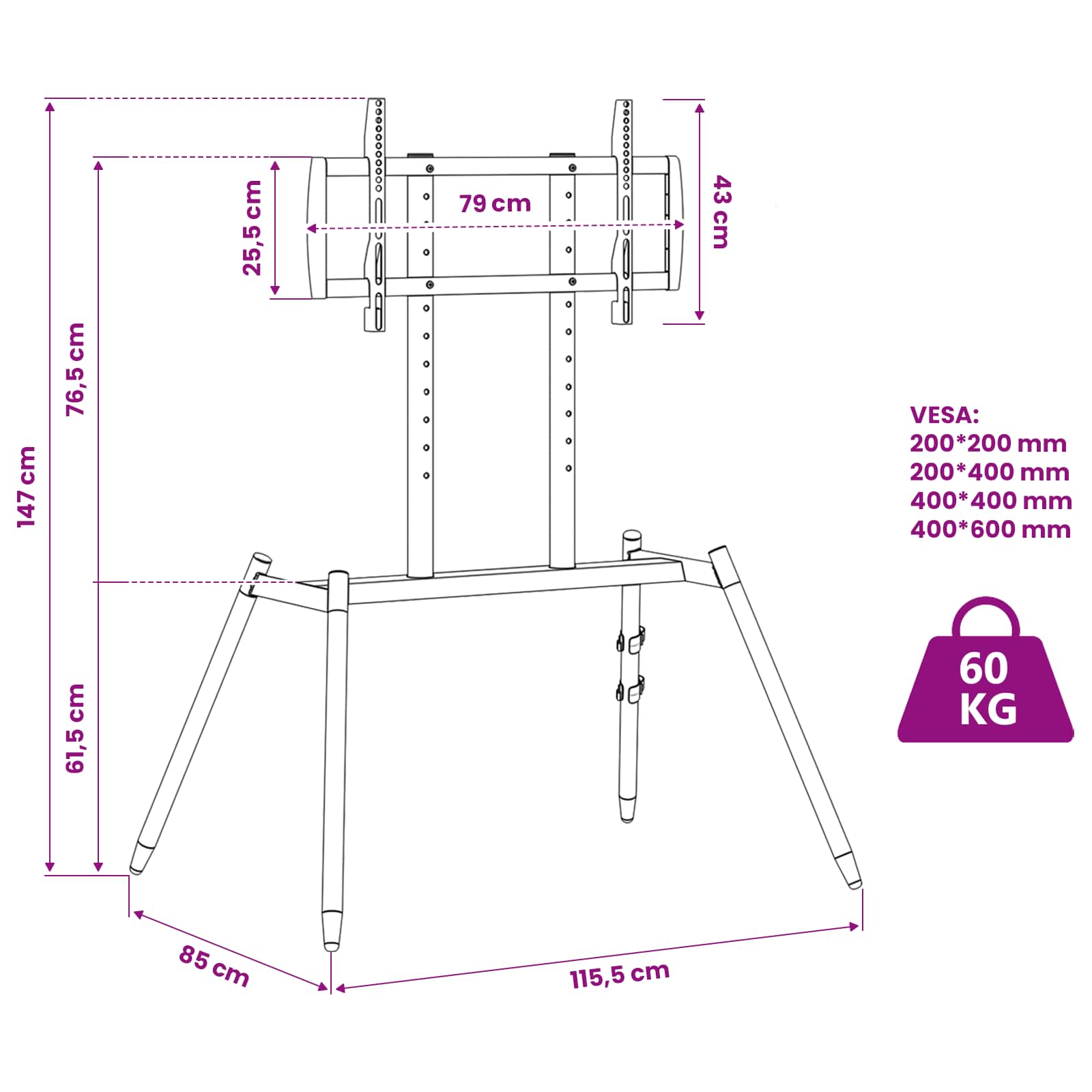 vidaXL Stojak easel na TV dla 37-86 Inch Screen 60 kg Stal i plastik
