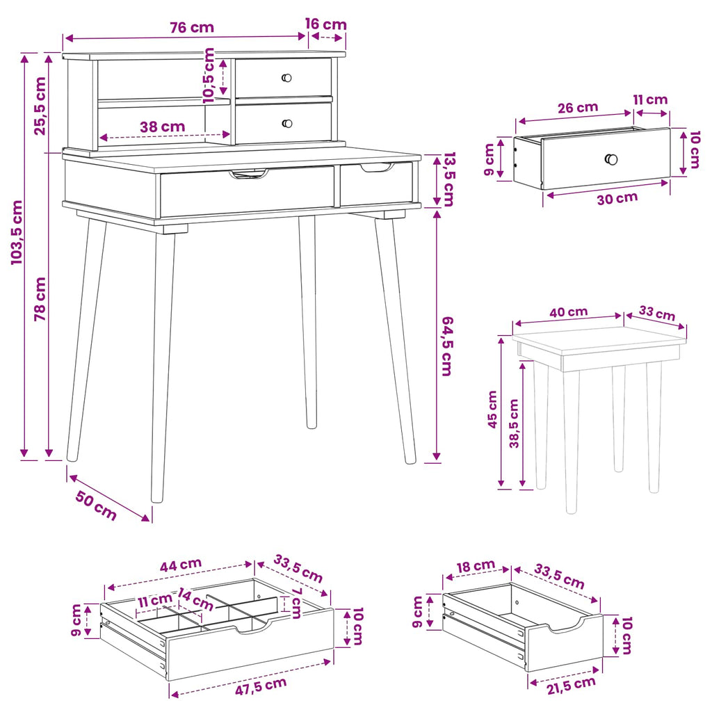 vidaXL Zestaw toaletki FAUSKE 3 pcs Biały 76 x 50 x 103,5 cm