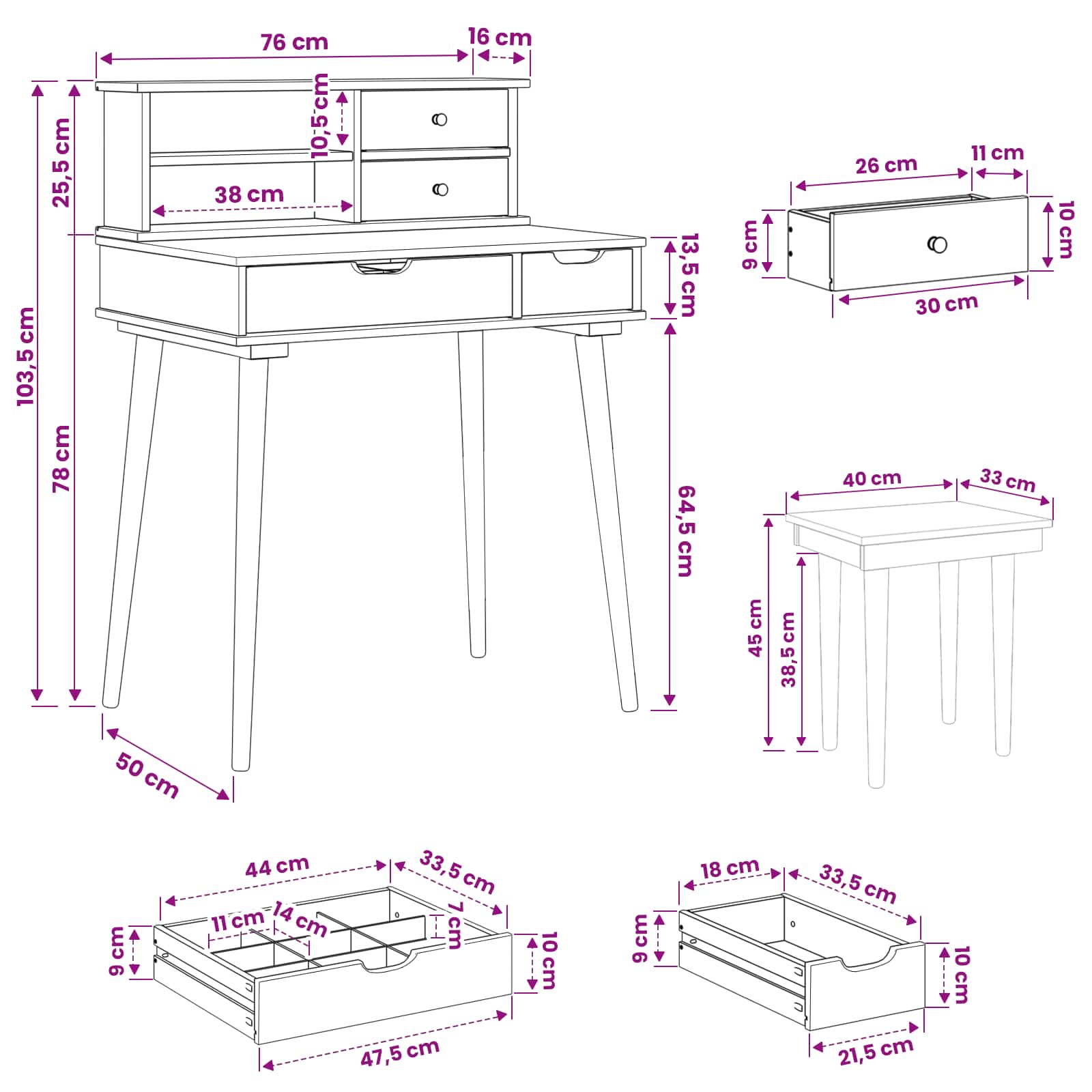 vidaXL Zestaw toaletki FAUSKE 3 pcs Biały 76 x 50 x 103,5 cm