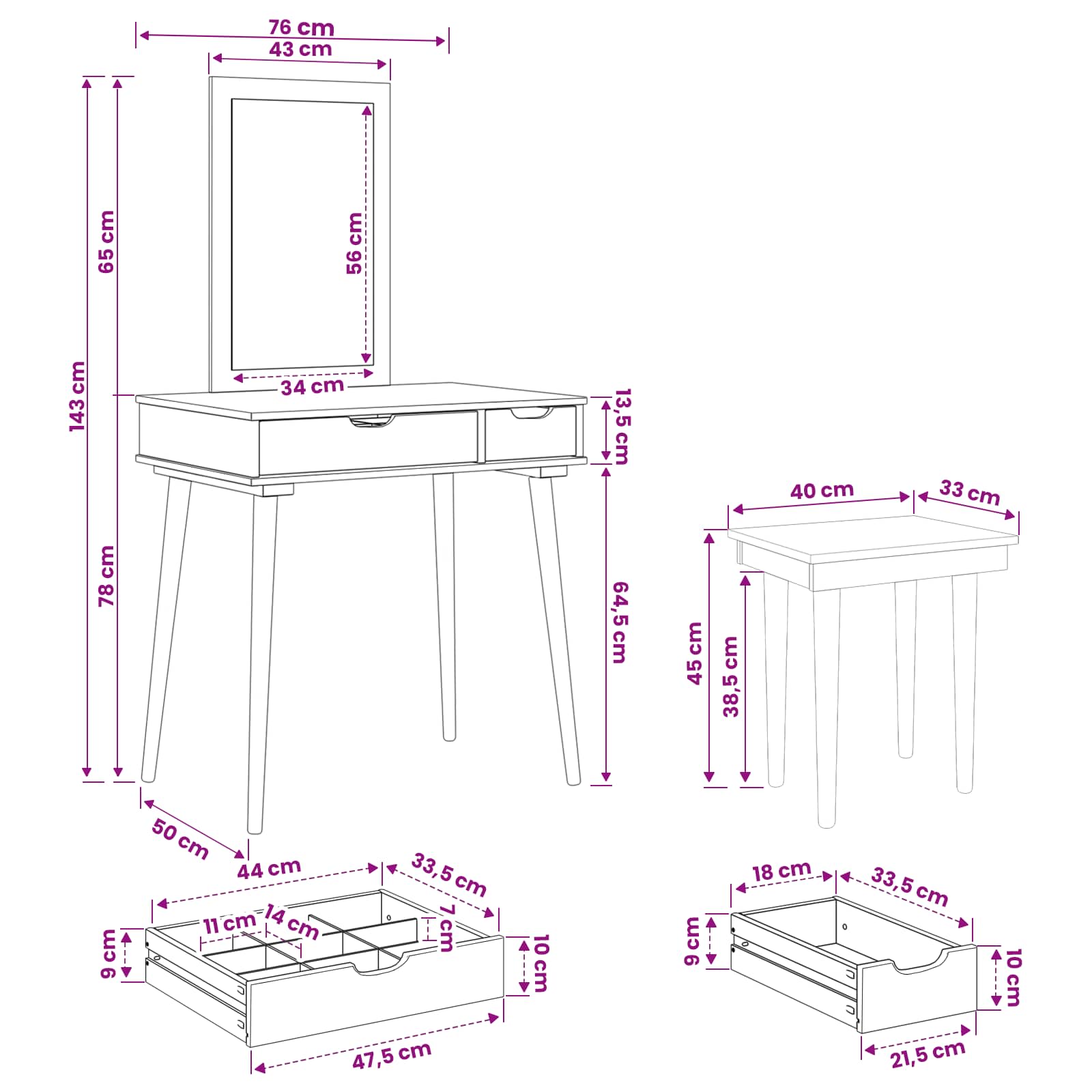 vidaXL Zestaw toaletki FAUSKE 3 pcs Biały 76 x 50 x 143 cm