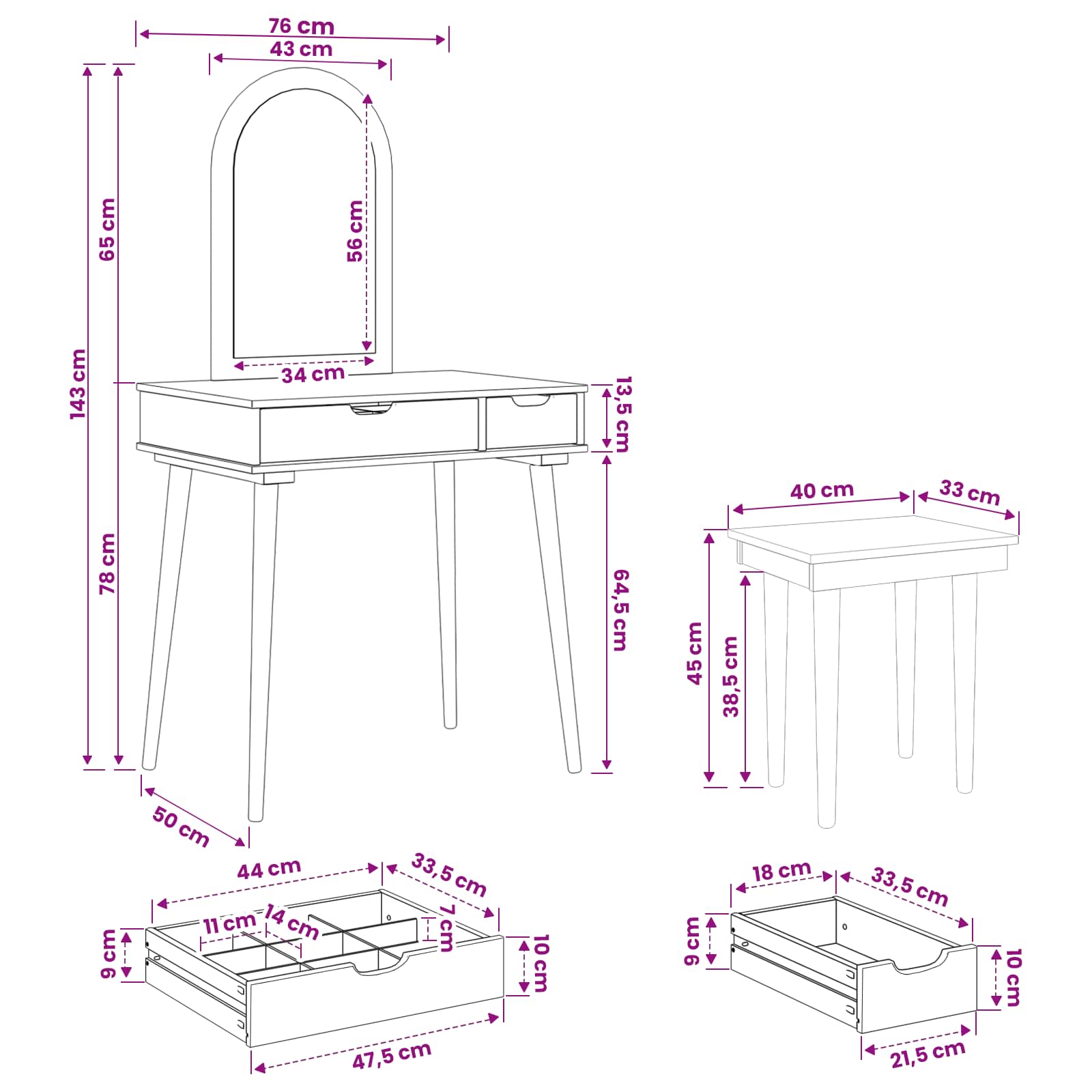 vidaXL Zestaw toaletki FAUSKE 3 pcs Biały 76 x 50 x 143 cm